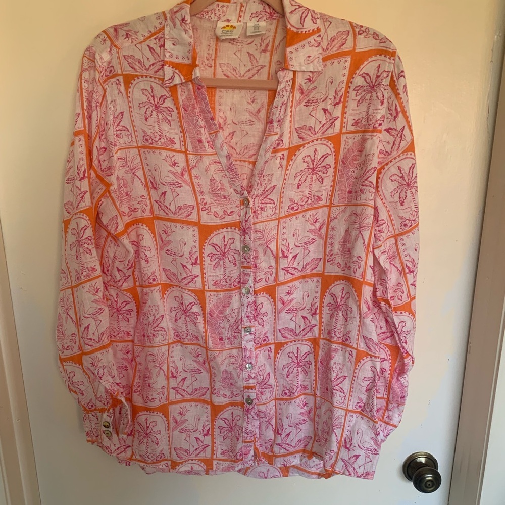 C and C Linen Pink and Orange tropical Button-Up Blouse